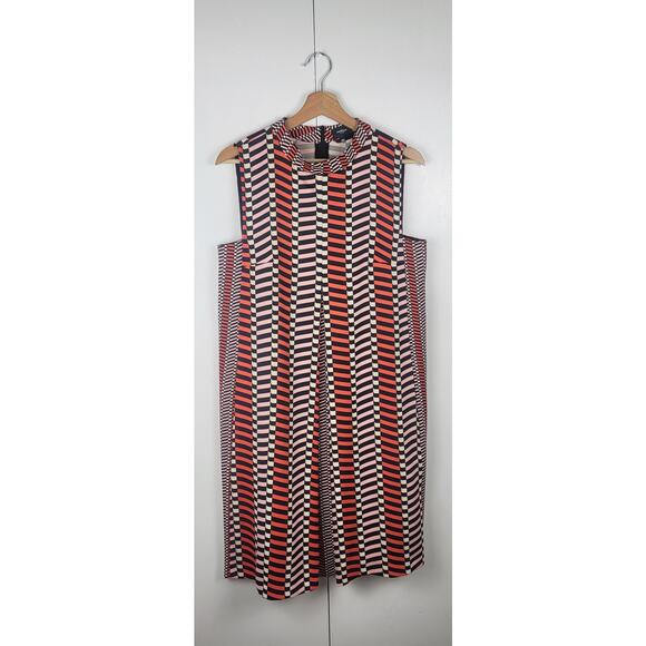 MARELLA Stripe Pleated A-Line Geometric Print Shift Silky Dress Black Orange | 8 - Picture 4 of 16